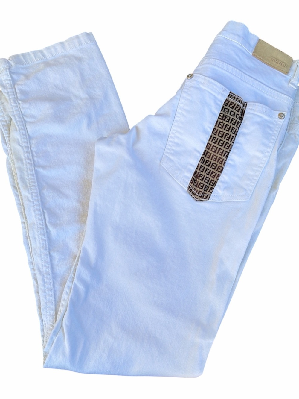 Fendi White Straight Jeans with FF Logo Pocket Trim